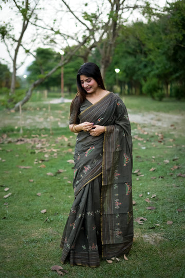 Dark Green Khadi Tussar Silk Saree