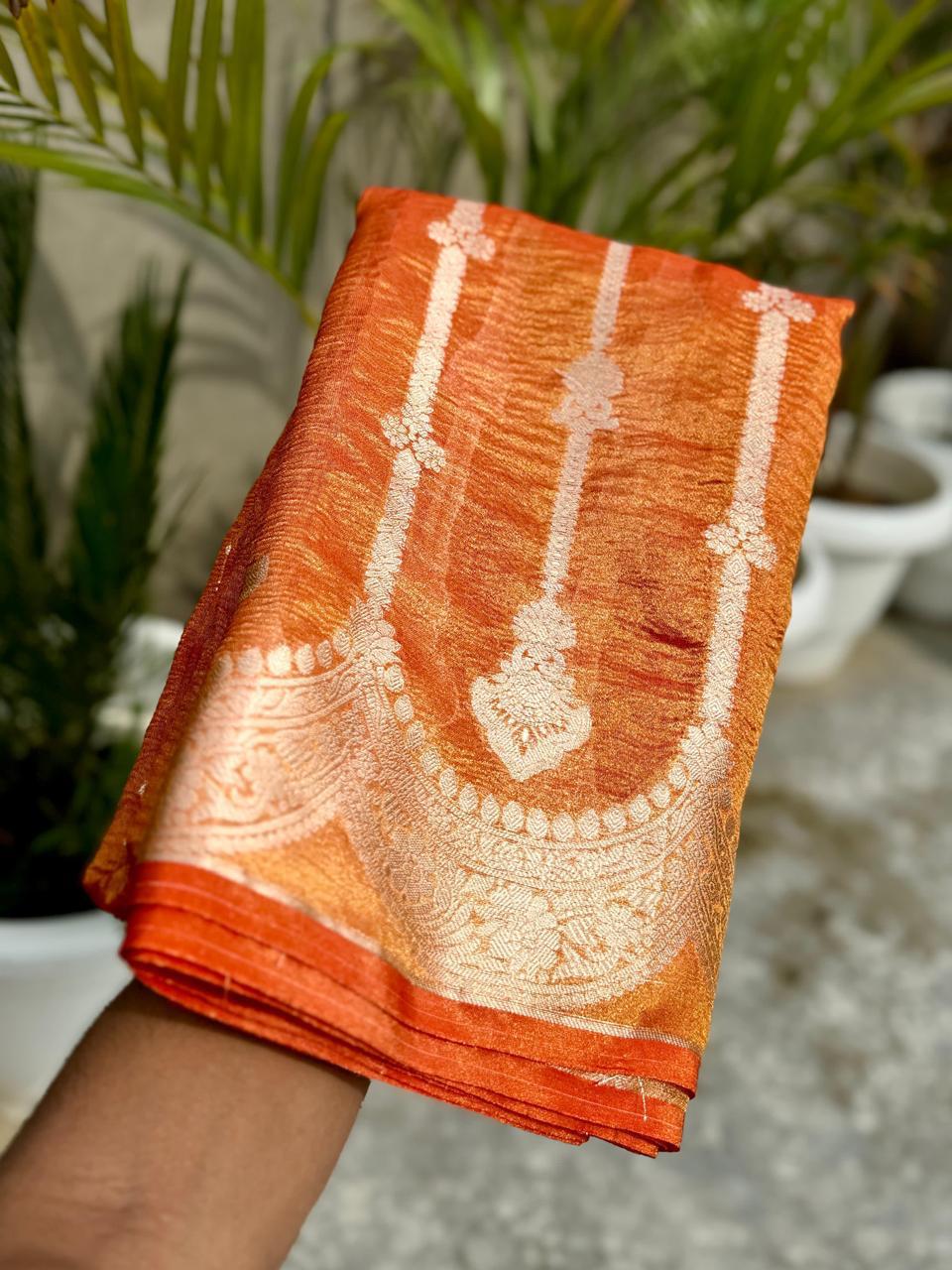 Pre-Draped Orange Banarasi Crush Tissue Katan Silk Saree