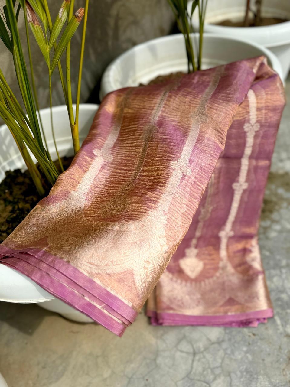 Pre-Draped Lavender Banarasi Crush Tissue Katan Silk Saree