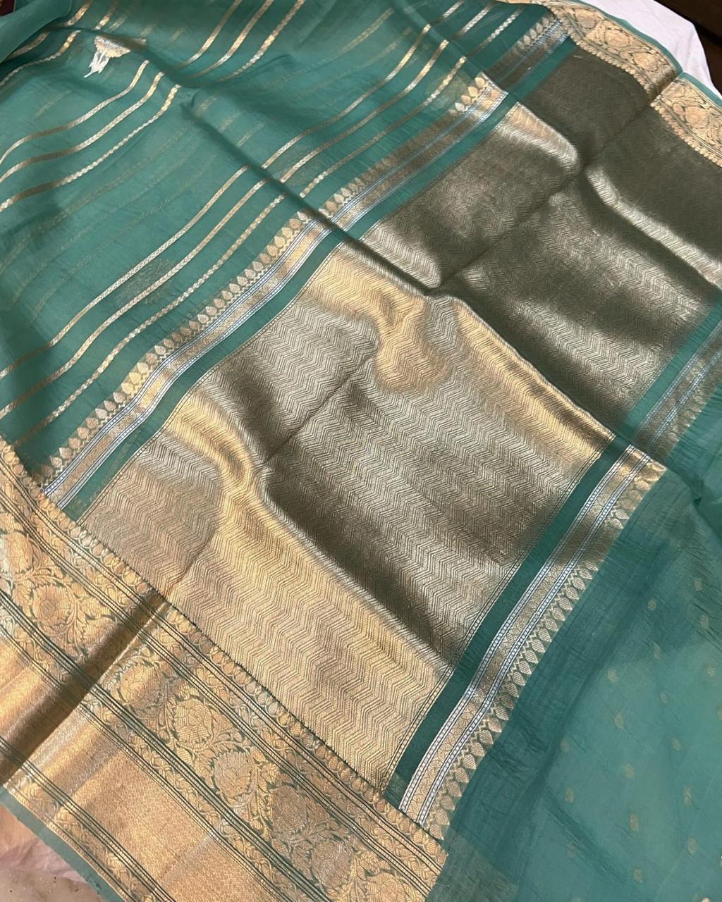 Pre-Draped Pine Green Kora Organza Banarasi Silk Saree