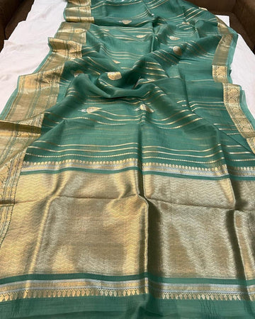 Pre-Draped Pine Green Kora Organza Banarasi Silk Saree