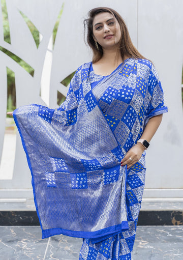 Blue Bandhej Silk Saree