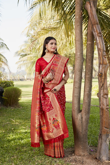 Red Bandhej Silk Saree