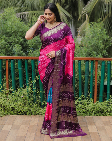 Pink Bandhej Silk Saree