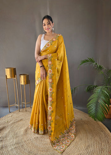 Yellow Tussar Silk Saree