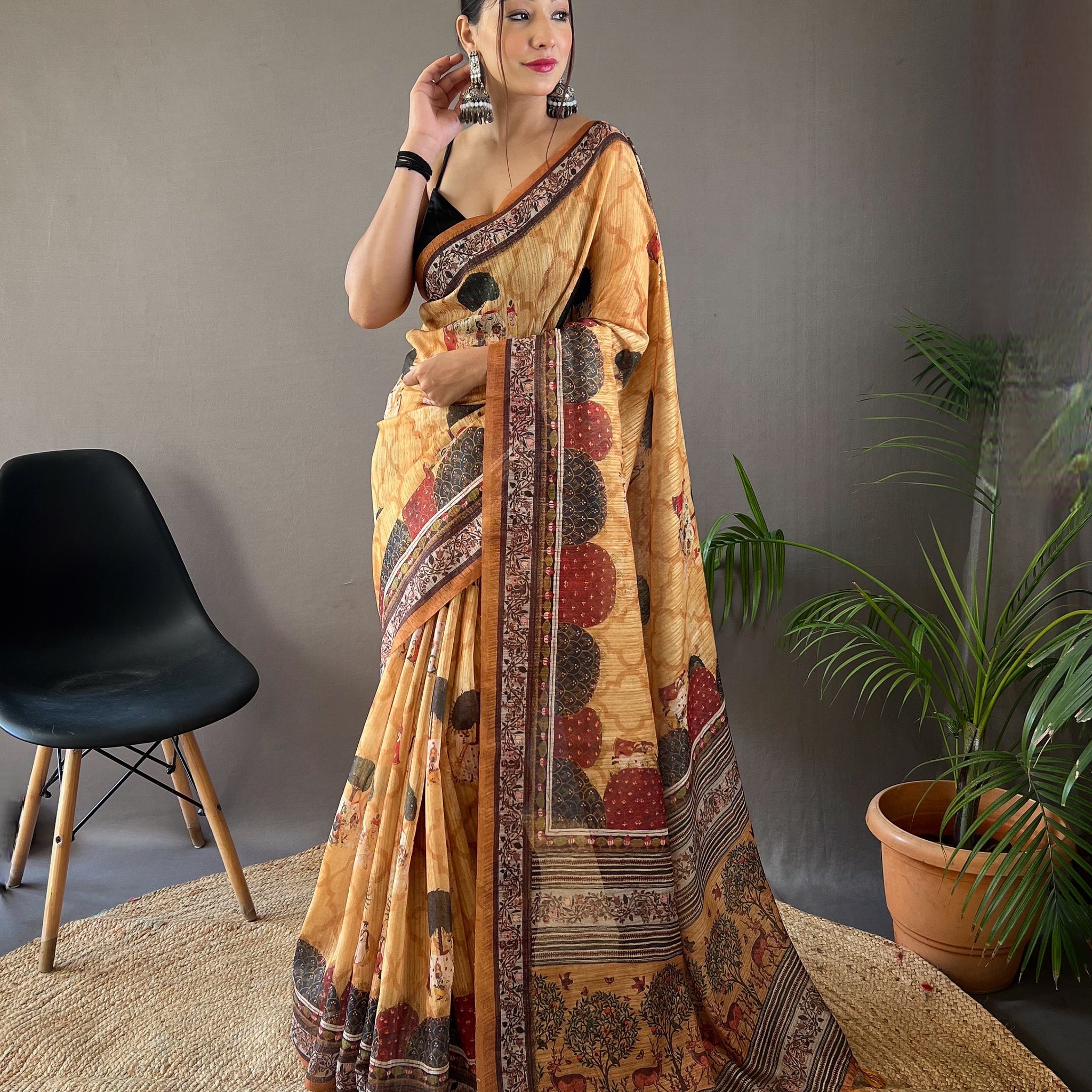 Yellow Soft Cotton Tussar Silk Saree