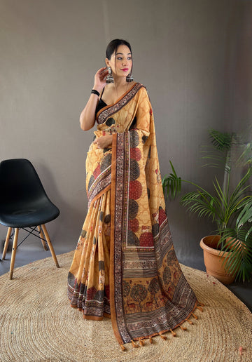 Yellow Soft Cotton Tussar Silk Saree