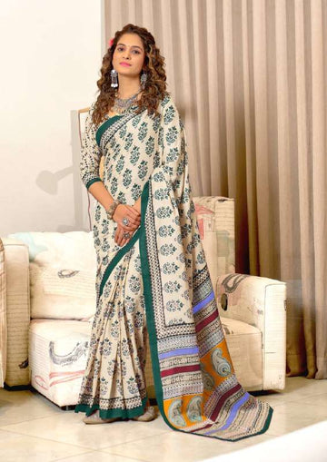 Green Ajrakh Design Mulmul Cotton Saree