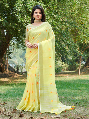 Sangam Light Yellow Linen Saree