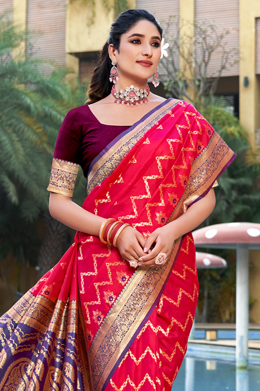 Sangam Red Banarasi Silk Saree