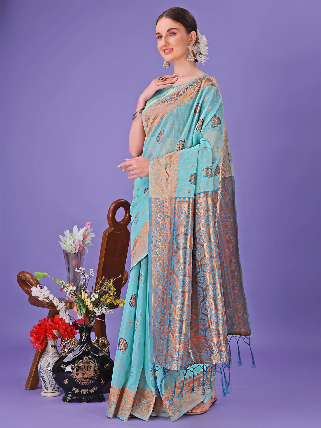 Sea Green Linen Cotton Saree