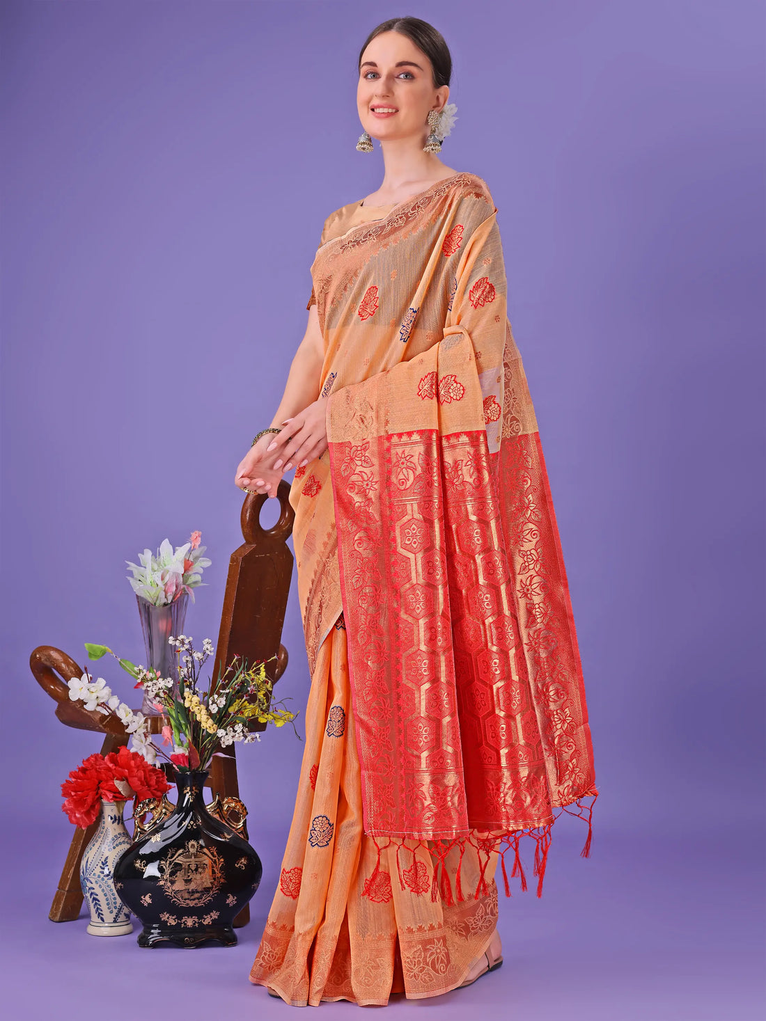 Orange Linen Cotton Saree
