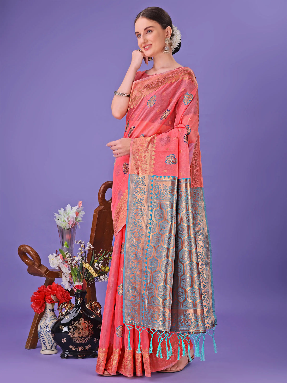Pink Linen Cotton Saree