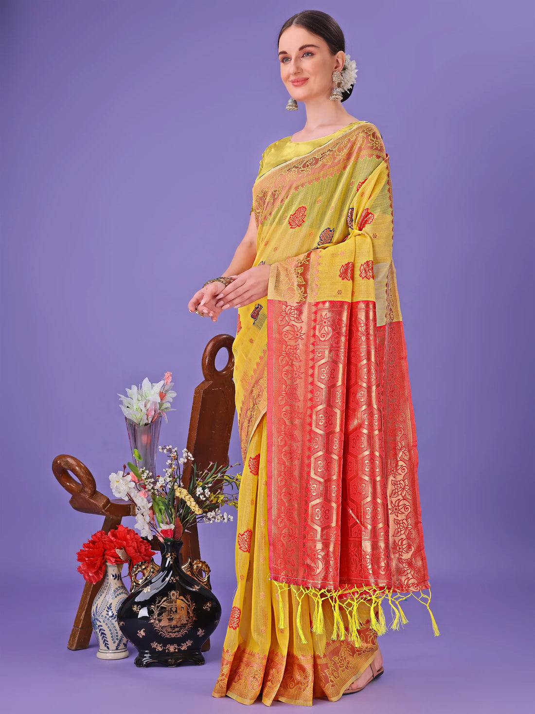 Yellow Linen Cotton Saree