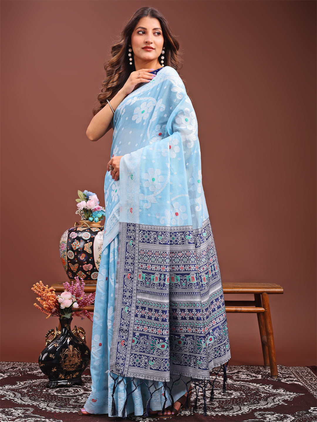 Sky Blue Linen Cotton Saree