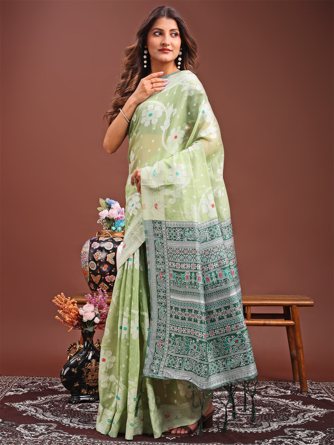 Light Green Linen Cotton Saree