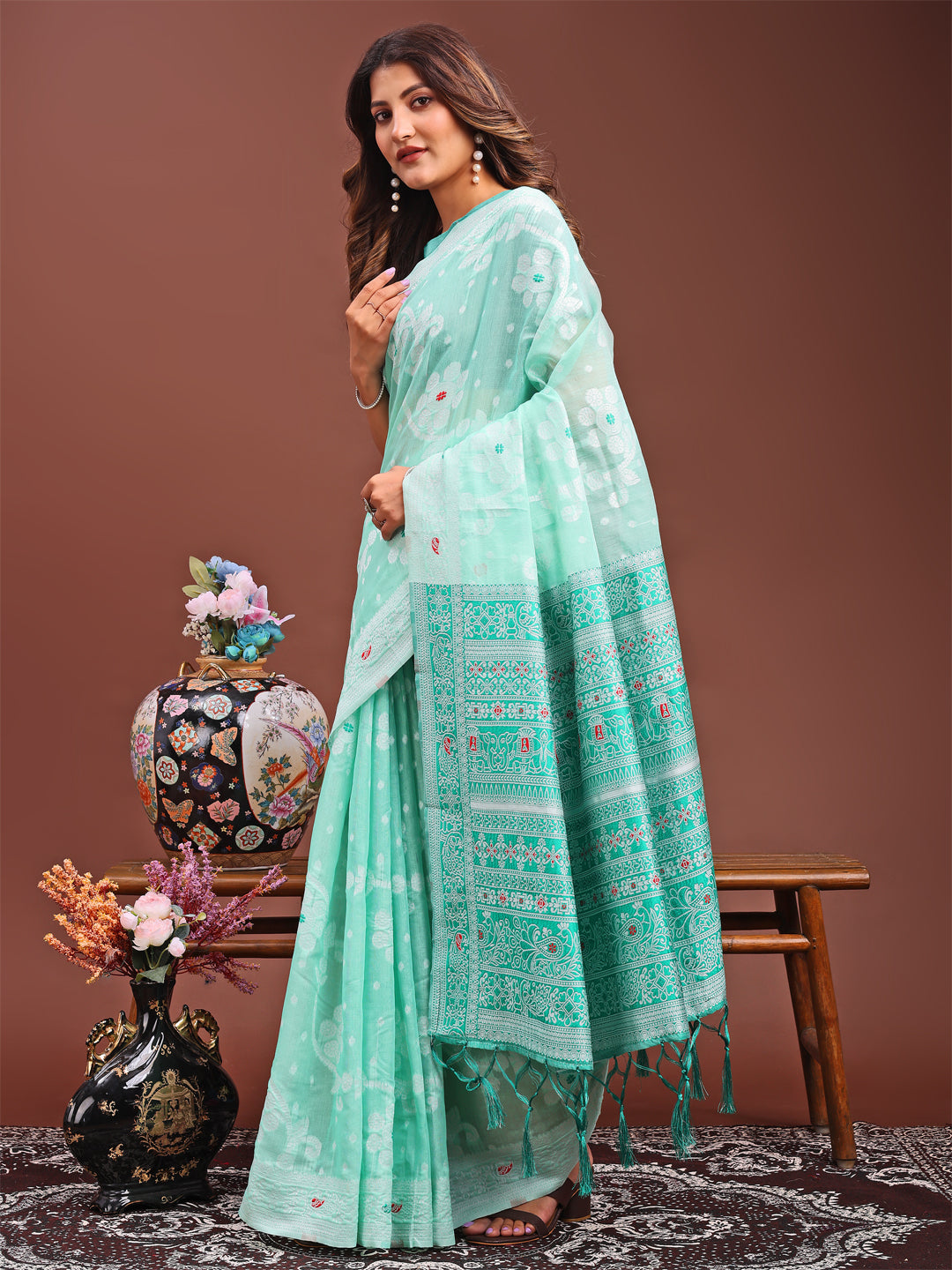 Sea Green Linen Cotton Saree