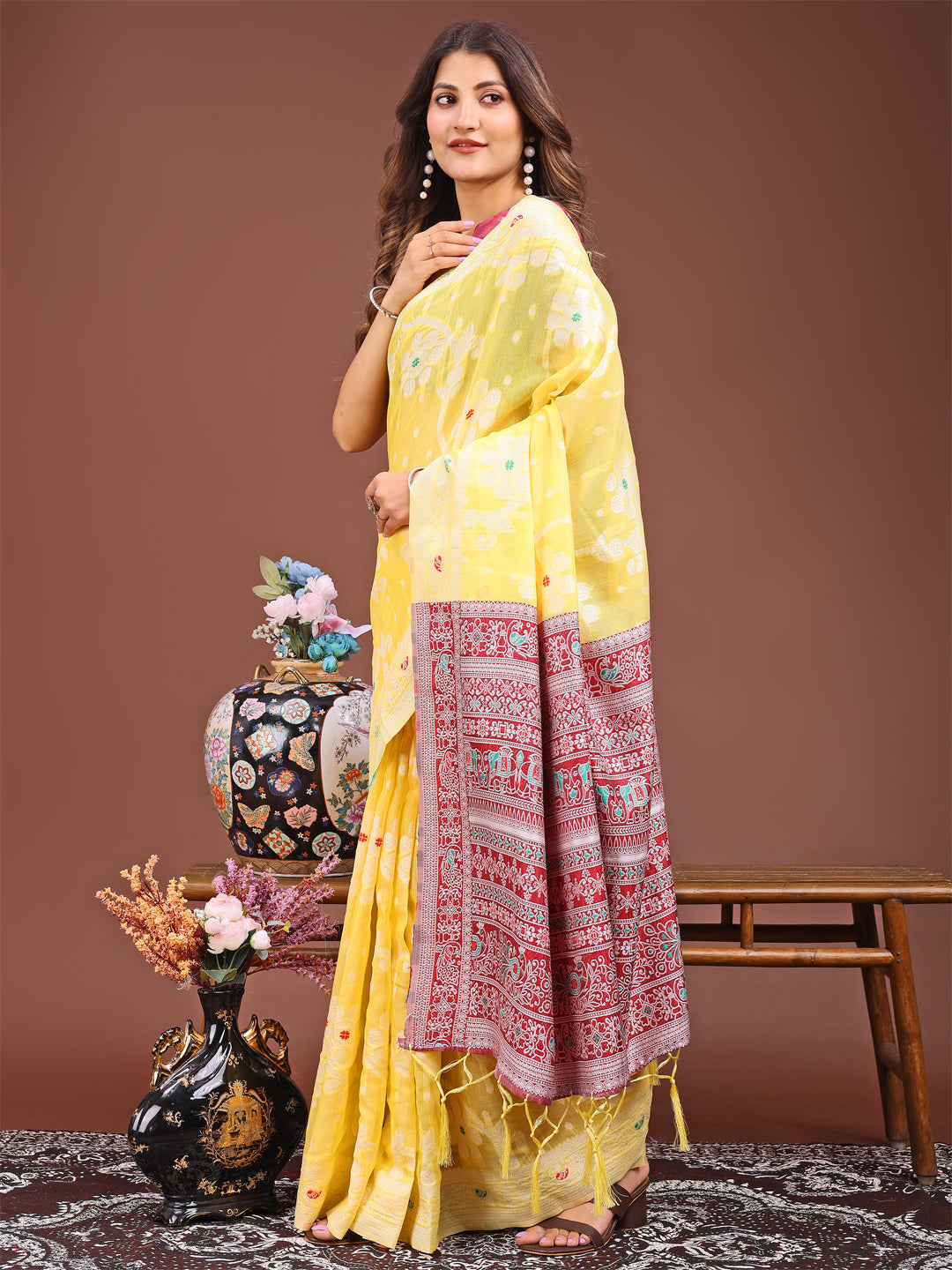 Yellow Linen Cotton Saree