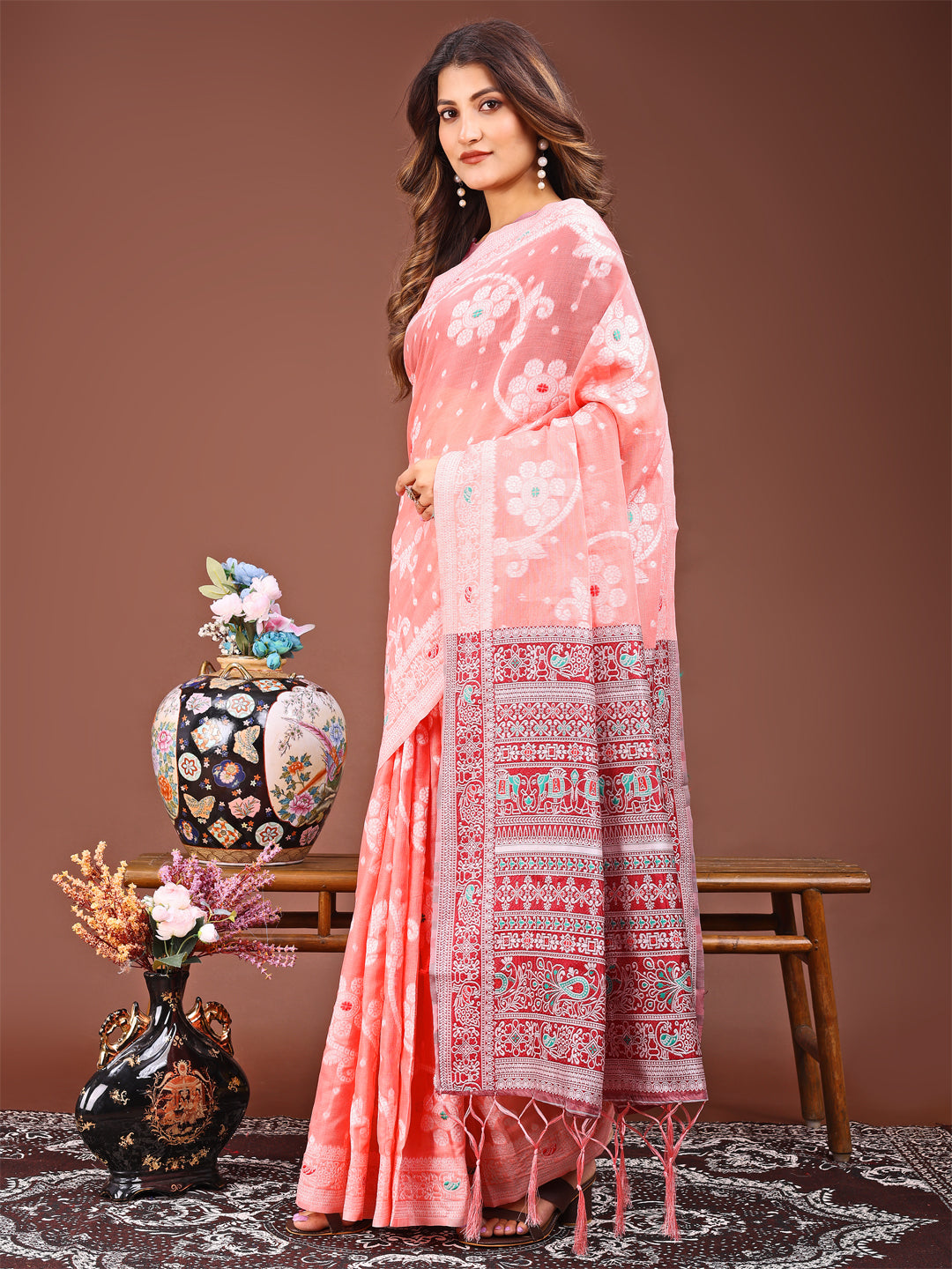 Peach Linen Cotton Saree