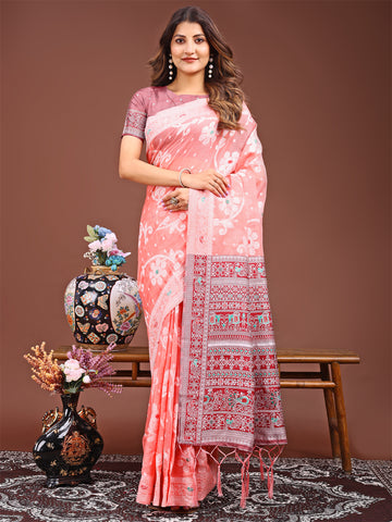 Peach Linen Cotton Saree