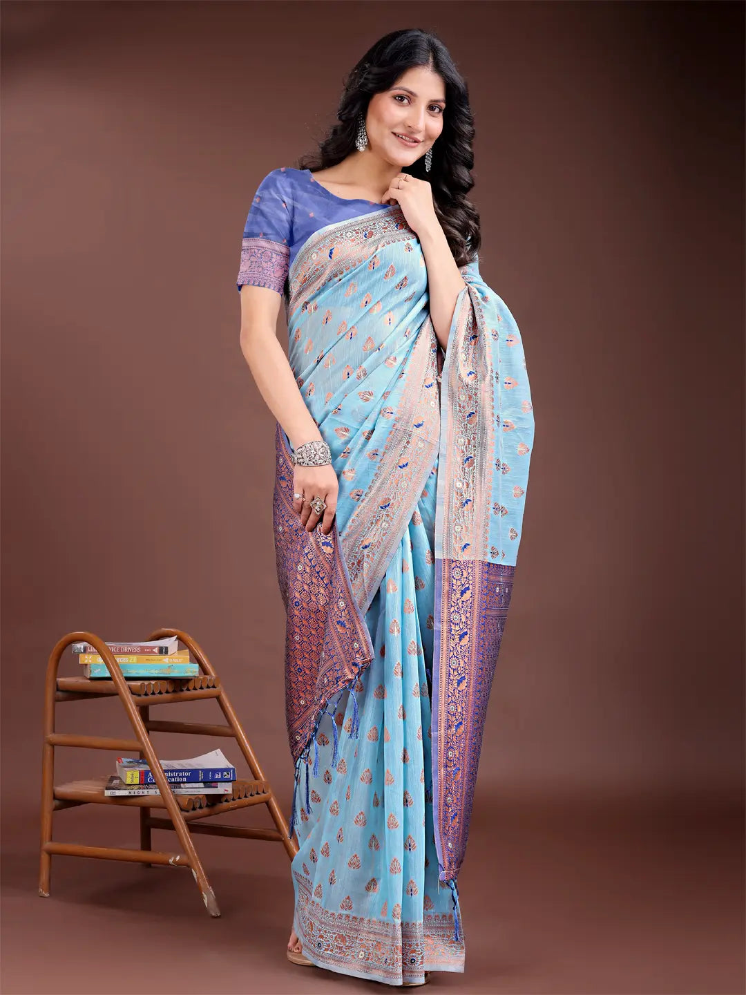 Sky Blue Linen Cotton Saree