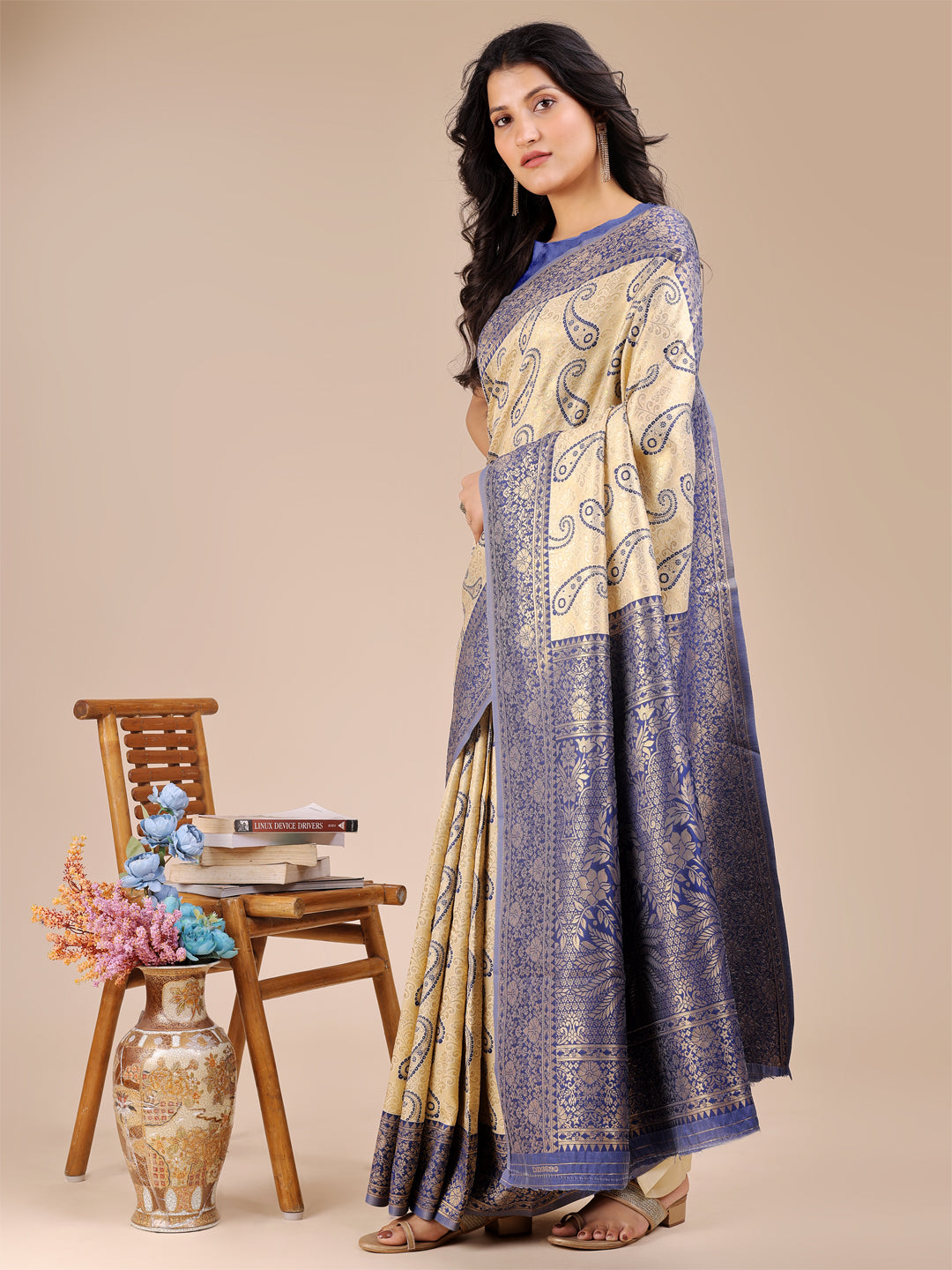 Cream & Navy Blue Banarasi Silk Saree