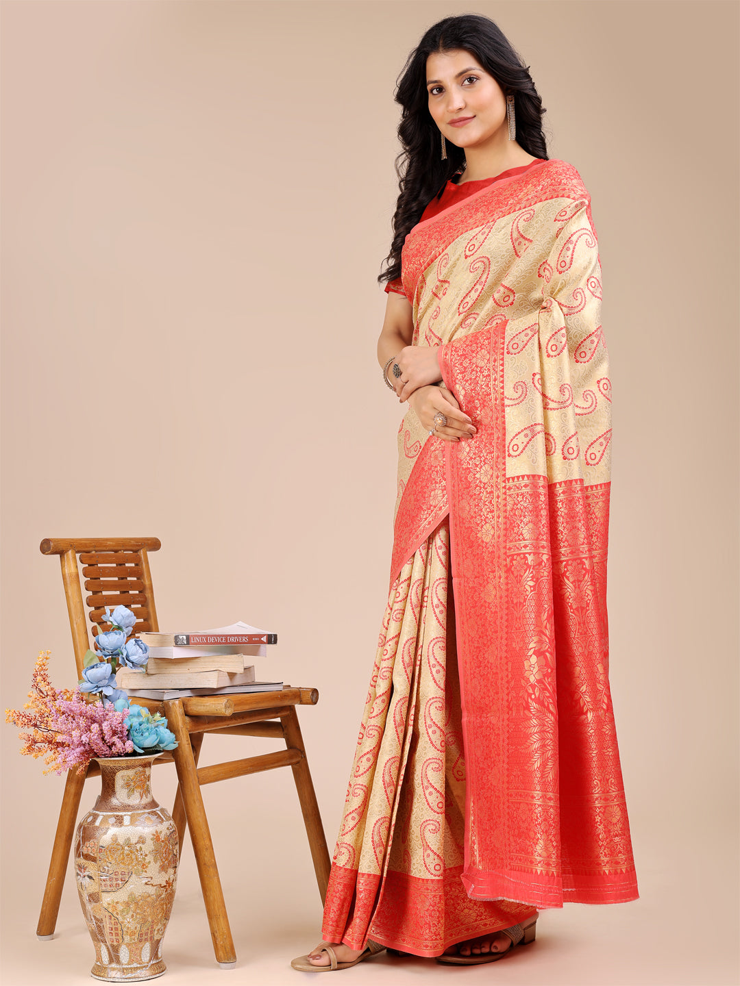 Cream & Red Blue Banarasi Silk Saree