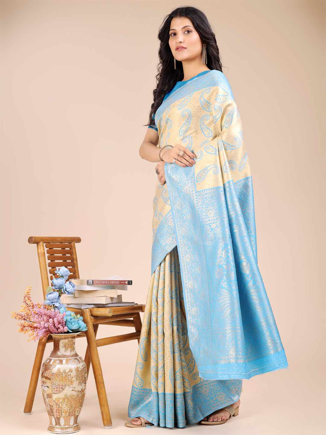 Cream & Sky Blue Banarasi Silk Saree
