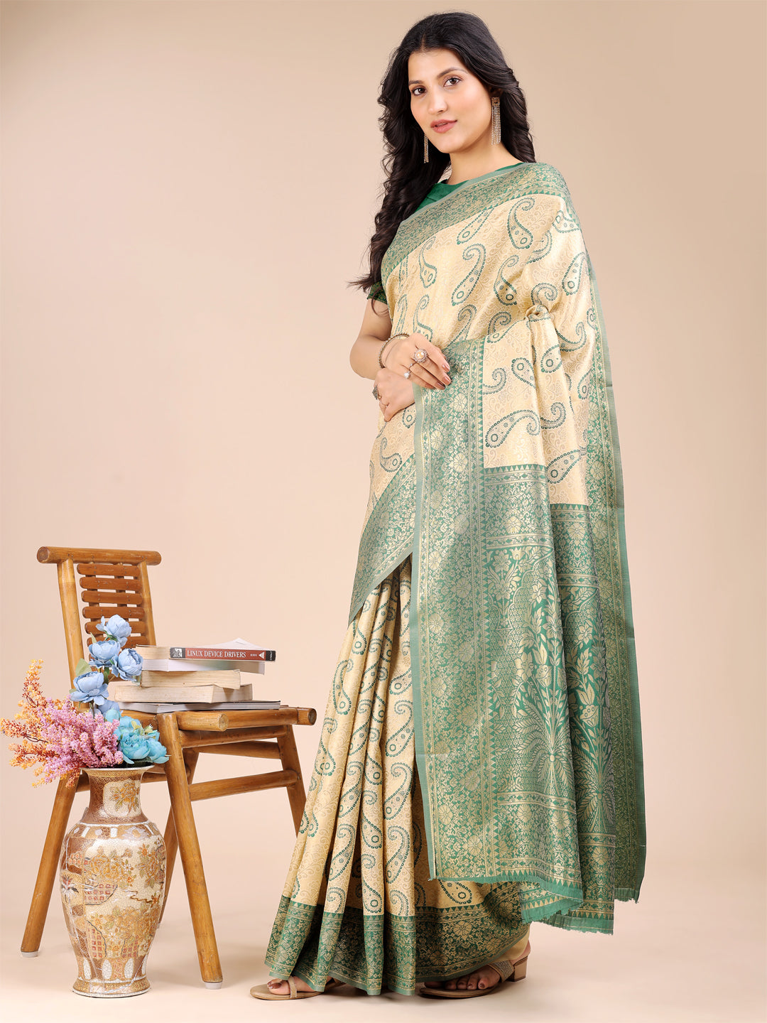 Cream & Dark Green Banarasi Silk Saree