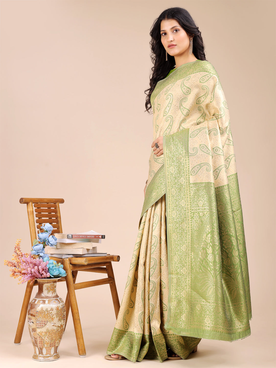 Elegant Cream & Light Green Banarasi Silk Saree