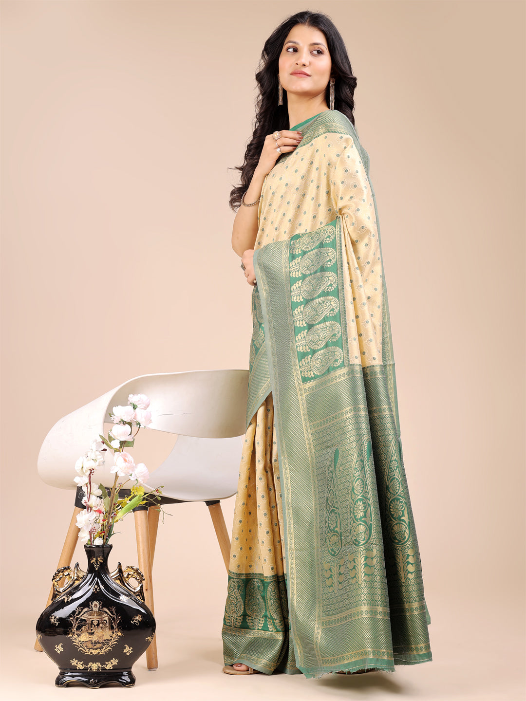 Luxury Cream & Green Banarasi Silk Saree