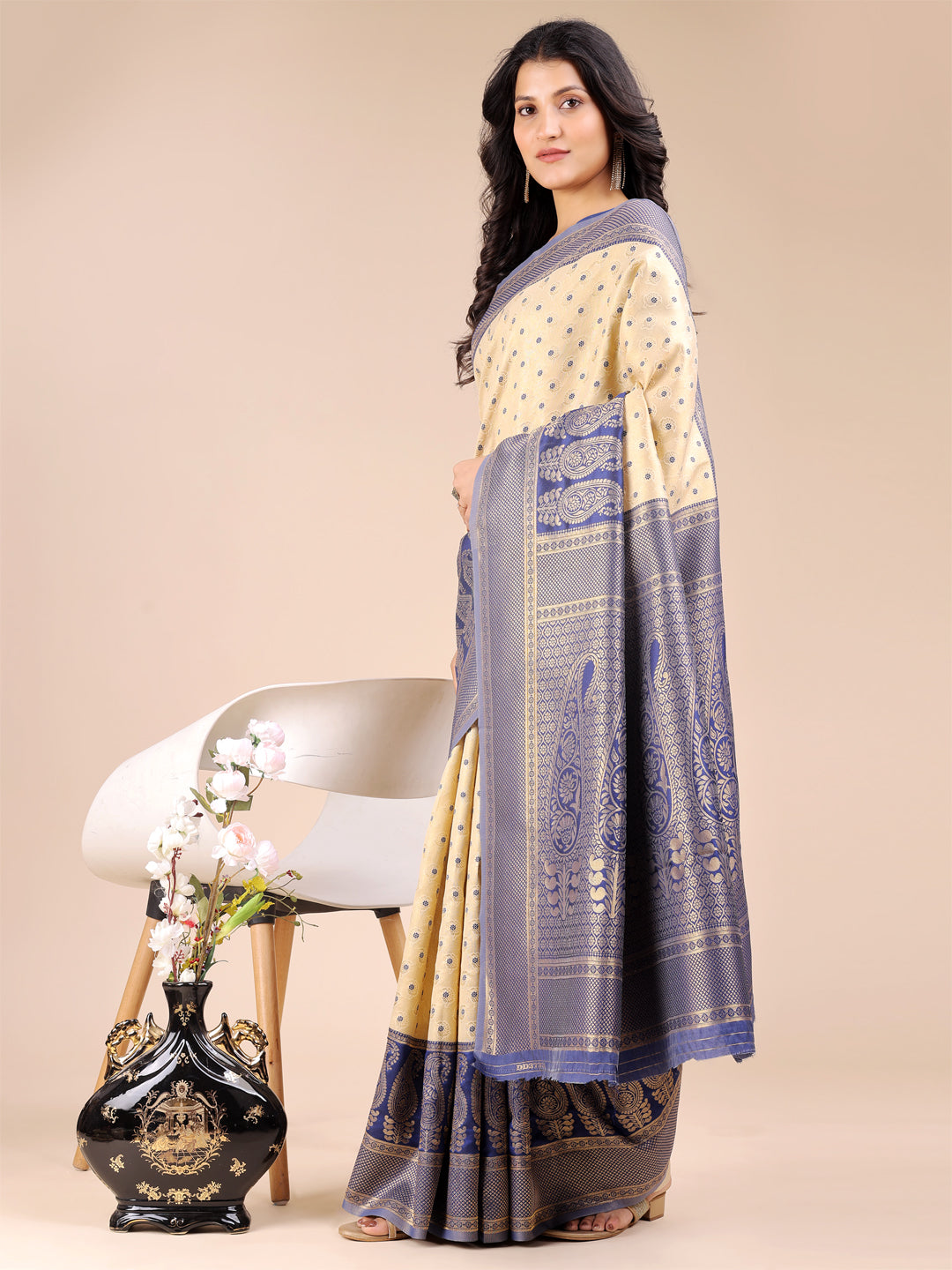 Cream & Navy Blue Banarasi Silk Saree