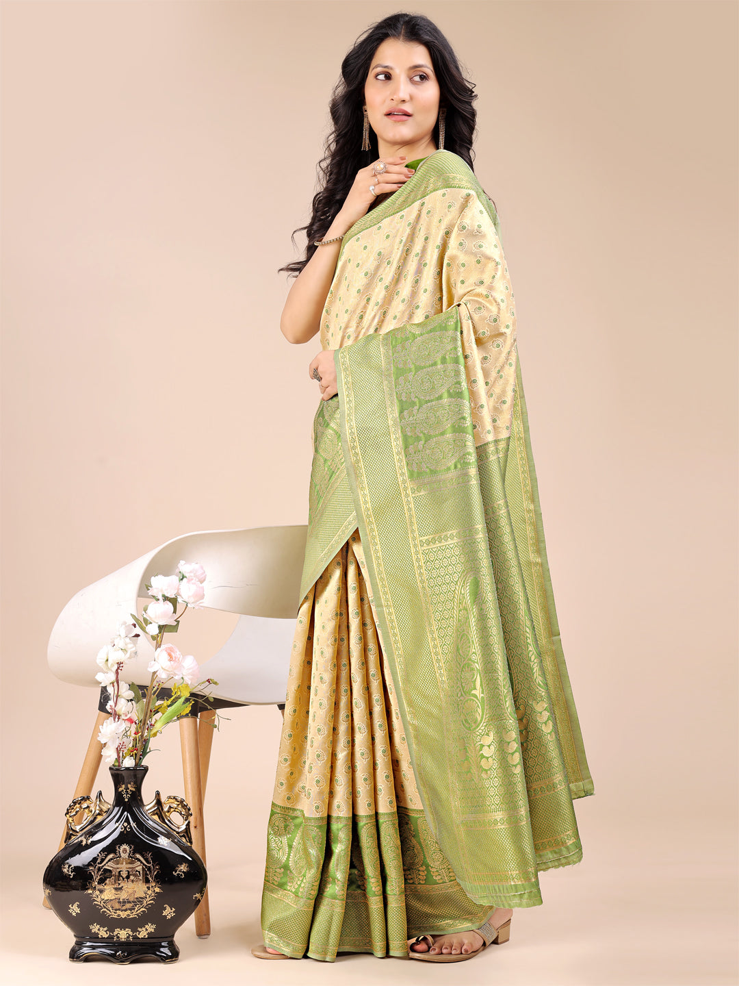 Designer Cream & Light Green Banarasi Silk Saree