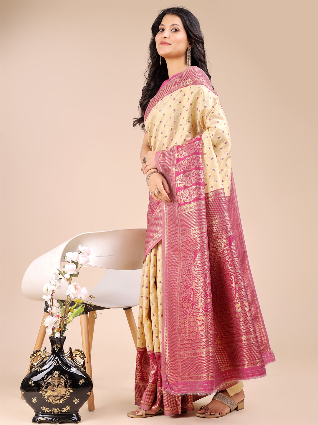Cream & Magenta Pink Banarasi Silk Saree