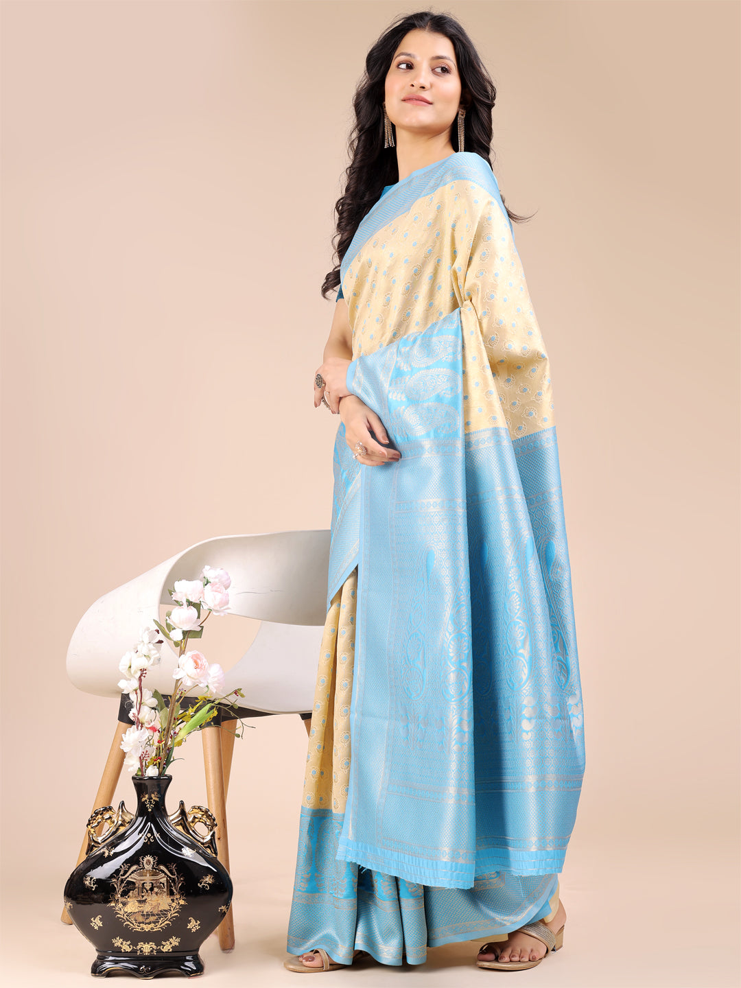 Cream &  Sky Blue Banarasi Silk Saree