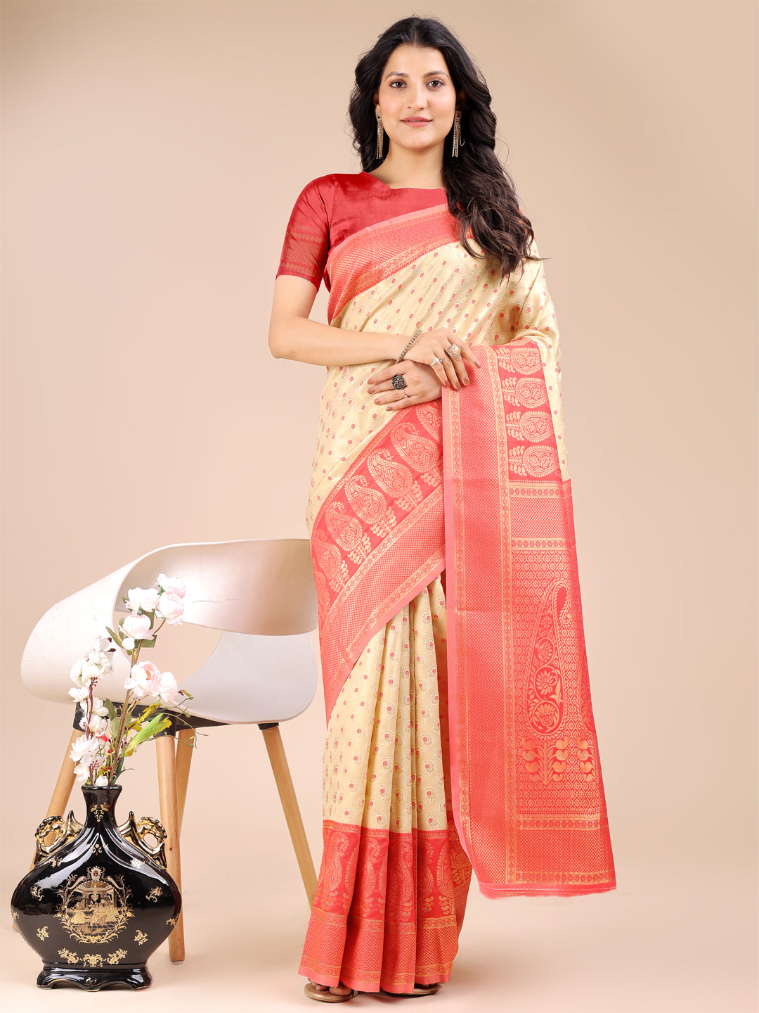 Cream &  Red Banarasi Silk Saree