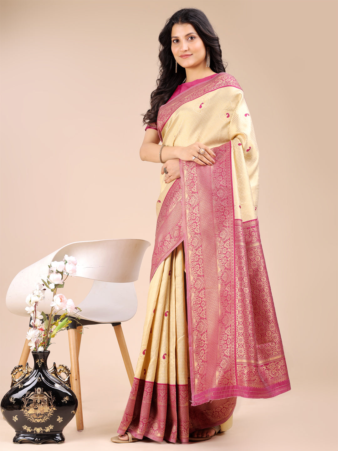 Cream & Magenta Banarasi Silk Saree
