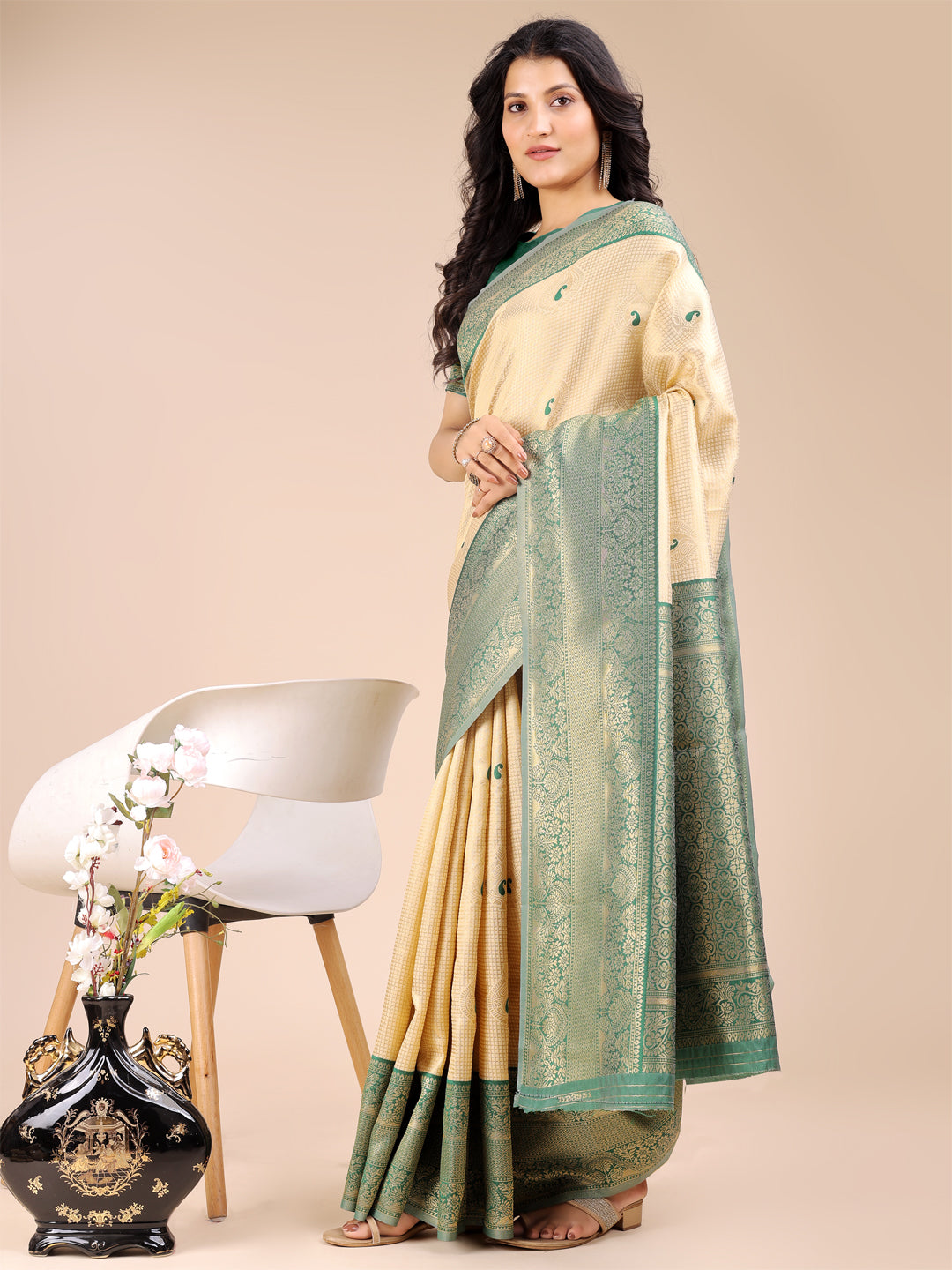 Cream & Green Banarasi Silk Saree