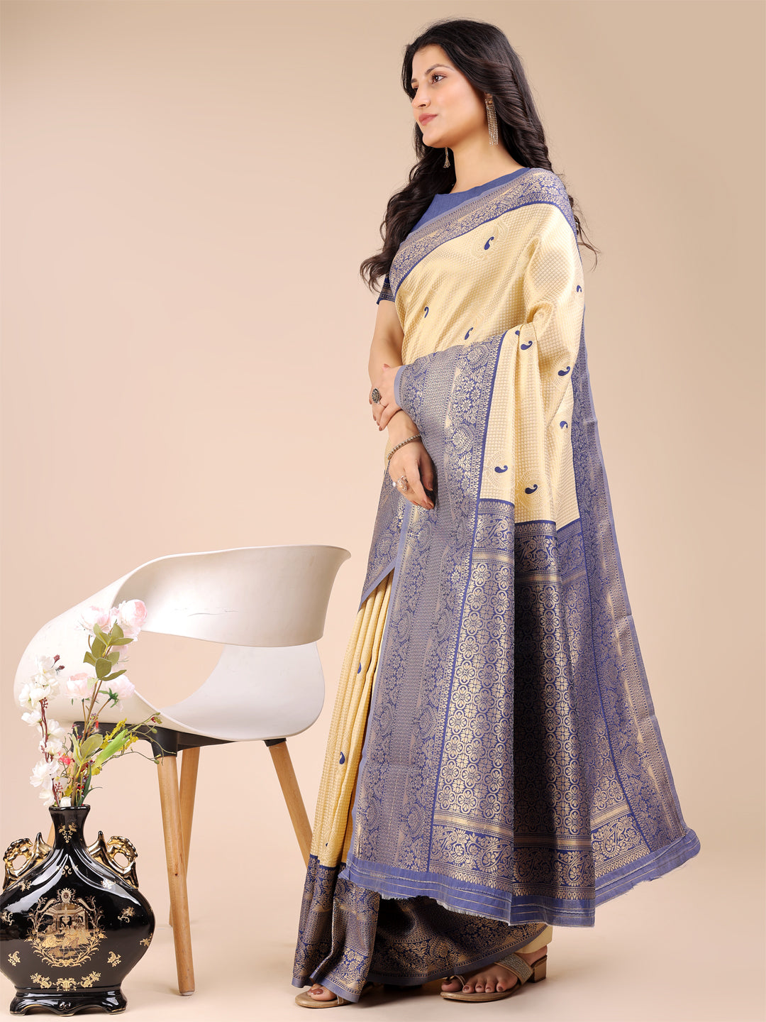 Cream & Navy Blue Banarasi Silk Saree