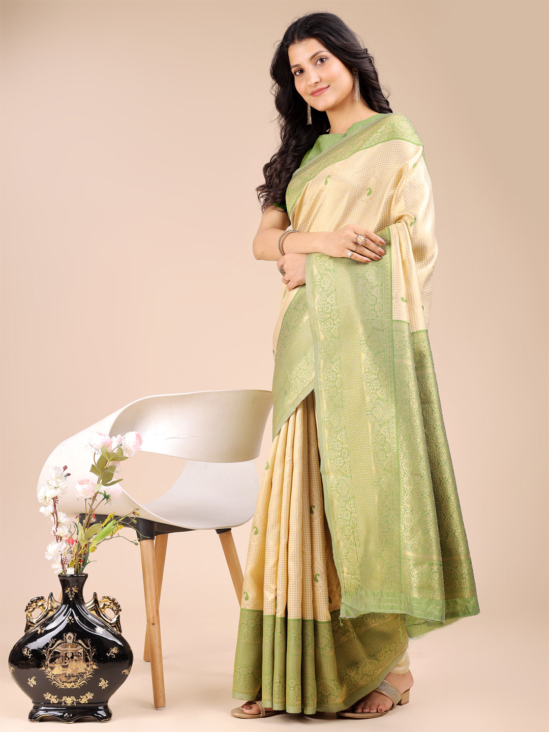 Cream & Light Green Banarasi Silk Saree
