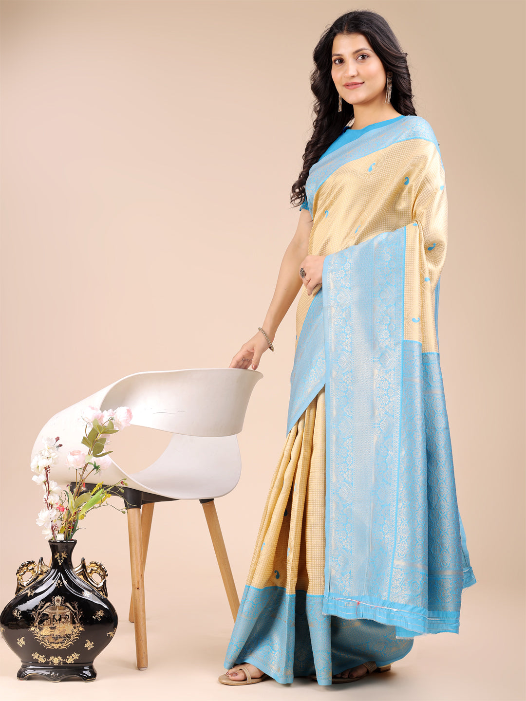 Cream & Sky Blue Banarasi Silk Saree