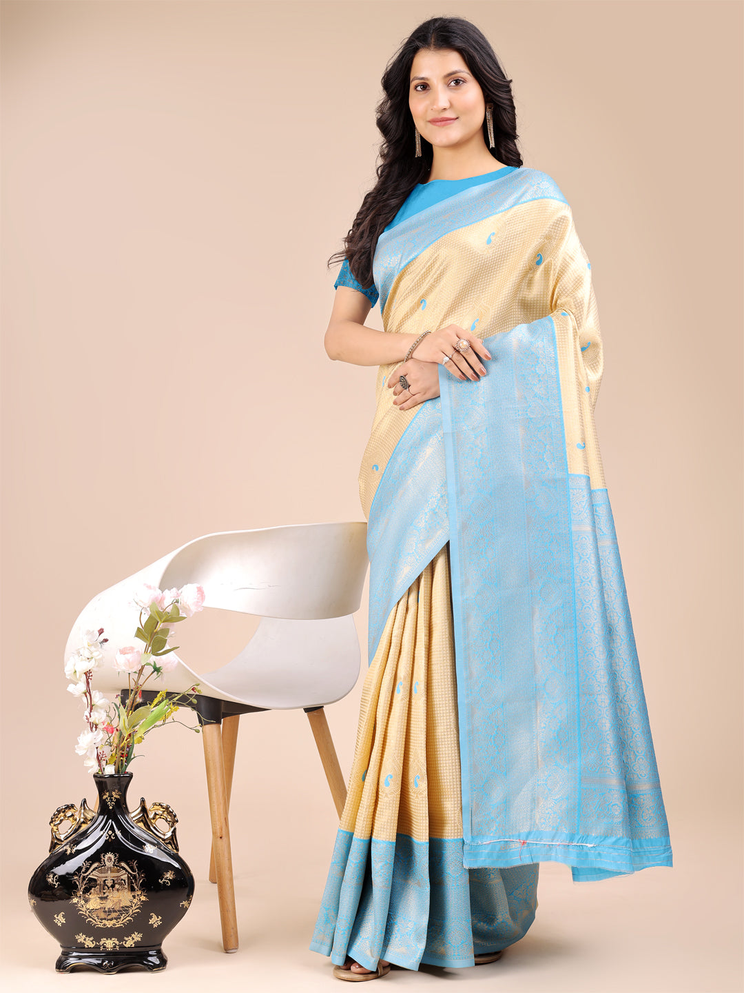 Cream & Sky Blue Banarasi Silk Saree