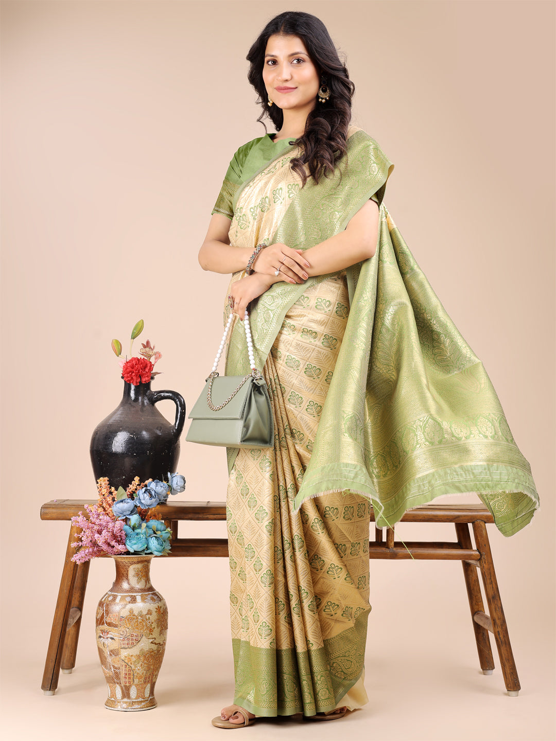 Cream Light Green Traditional Banarasi Saree