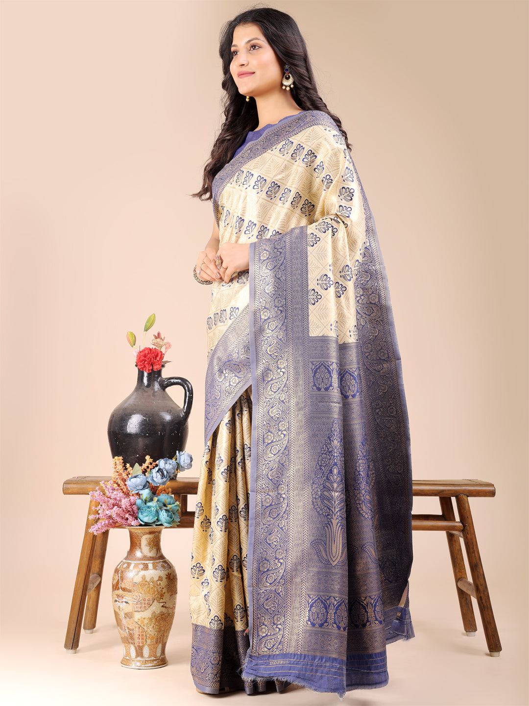 Cream & Navy Blue Banarasi Silk Saree