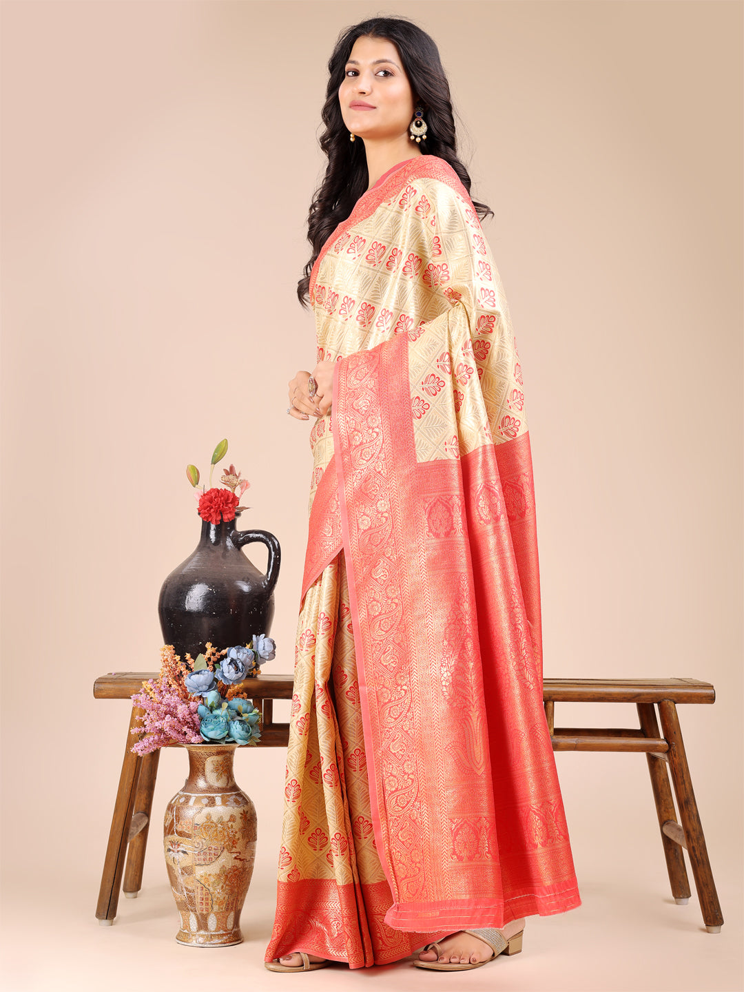 Cream & Red Printed Banarasi Silk Saree
