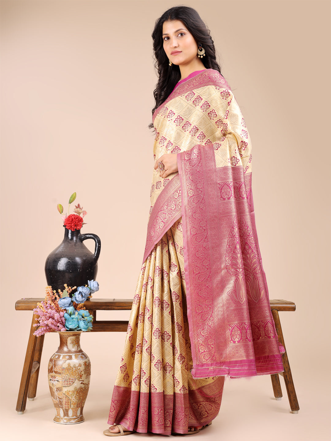 Cream & Magenta Banarasi Silk Saree