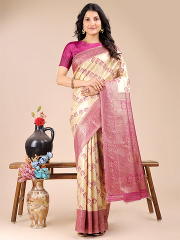 Cream & Magenta Banarasi Silk Saree