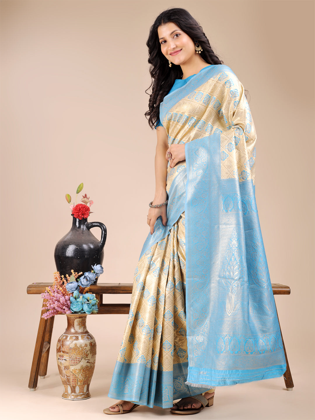Cream & Sky Blue Banarasi Silk Saree