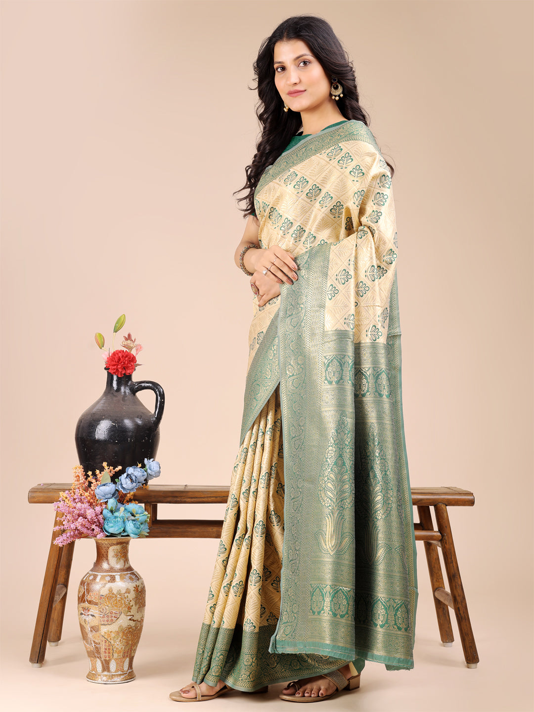 Latest Cream & Green Banarasi Silk Saree