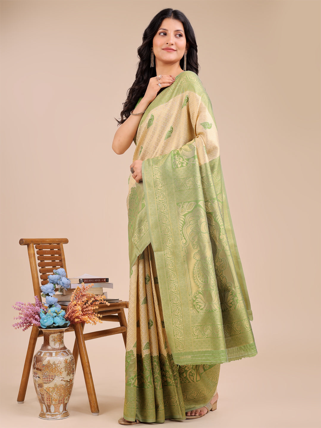 Cream & Light Green Banarasi Silk Saree